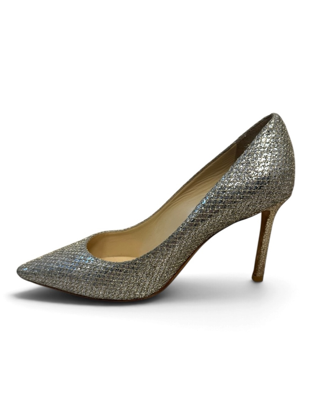 Jimmy Choo Romy 85 Silver Glitter Pointed Toe Pumps Size 37 Stiletto Heels
